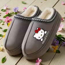 Hello Kitty Plush Slippers  Cozy Winter House Shoes  Non-Slip Sole Grey 36-37