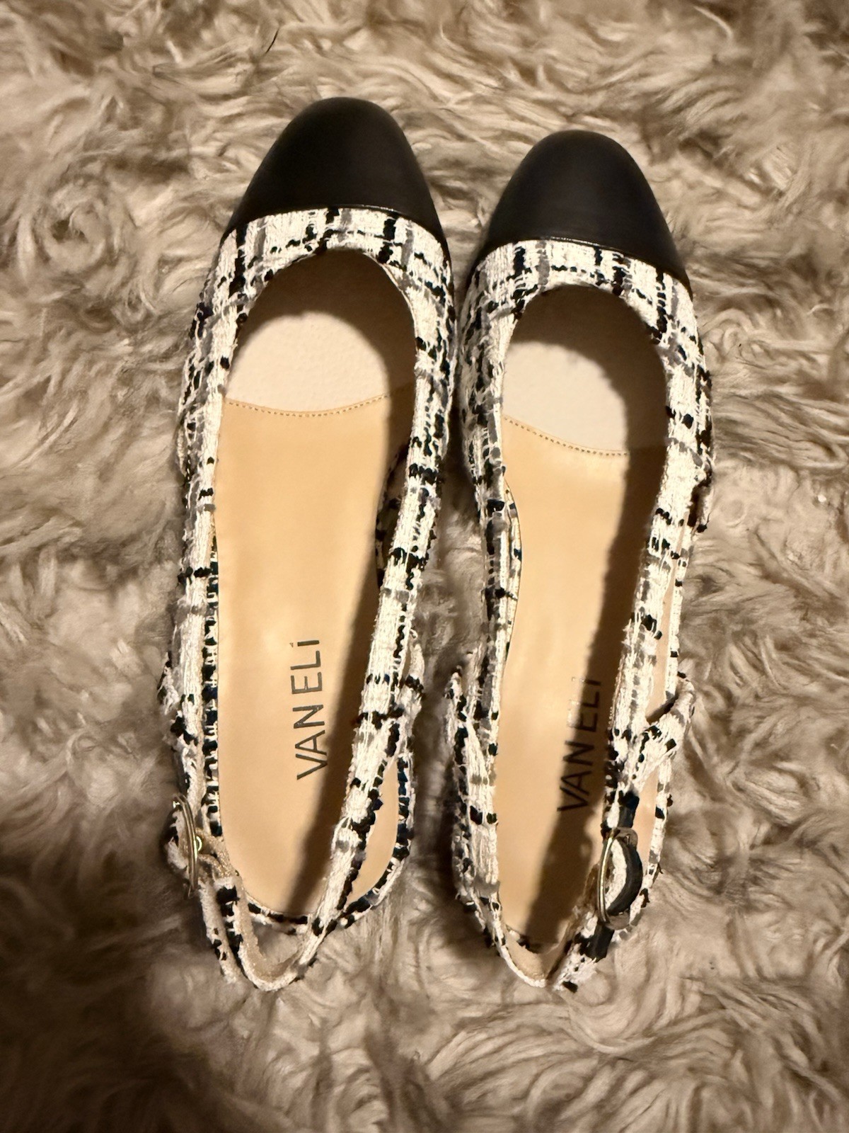 Vaneli Slingback Cap Toe Plaid Tweed Flats Off-White Black Women's Size 6.5 M thumbnail 5