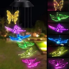 LED Butterfly Wind Chime Solar Powered Lights Color-Changing Yard Garden Decor