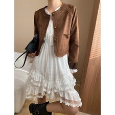 Retro Womens Coat Suede Leather Round Neck Gold Button Jacket Coat Outerwear Top