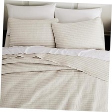 Pick Stitch Size Quilt Set, Striped Lightweight Soft Summer Spring King Beige