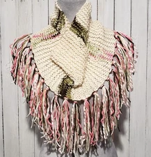 NEW Hand Knitted Cream Pink Green Infinity Boho Cowl Scarf Fringe Knit Hippie