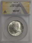 1964-D Denver Silver Kennedy Half Dollar 50C FS-105 DDO-005 ANACS Graded MS65