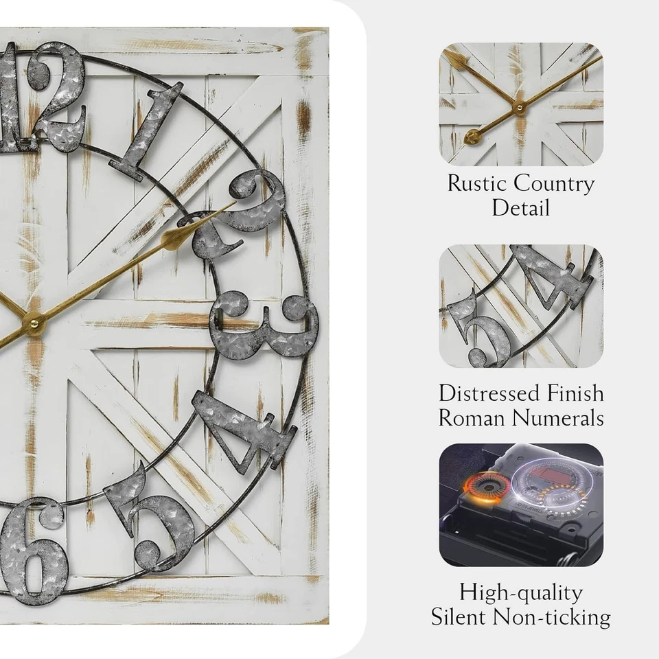 Large Farmhouse Wall Clock – 24 Inch Square Rustic Wooden Clock with  - Image 3 of 4