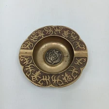 Vintage Brass Ashtray, 2 Slot 4 3/8" Made In Korea With Rose Center 4.8 oz.