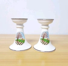 Villeroy & Boch Candle Stick Holders Taper Luxembourg Porcelain Naif Tree Scene