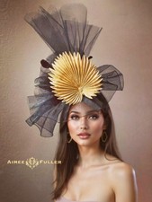 Aimee Fuller Kentucky Derby Fascinator Hat Black Royal Ascot Gold Palm Leaf Hat