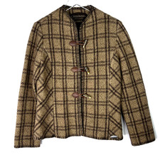 Giesswein Vintage Austria Wool Plaid Toggle Coat Jacket Tan Brown Scandinavian