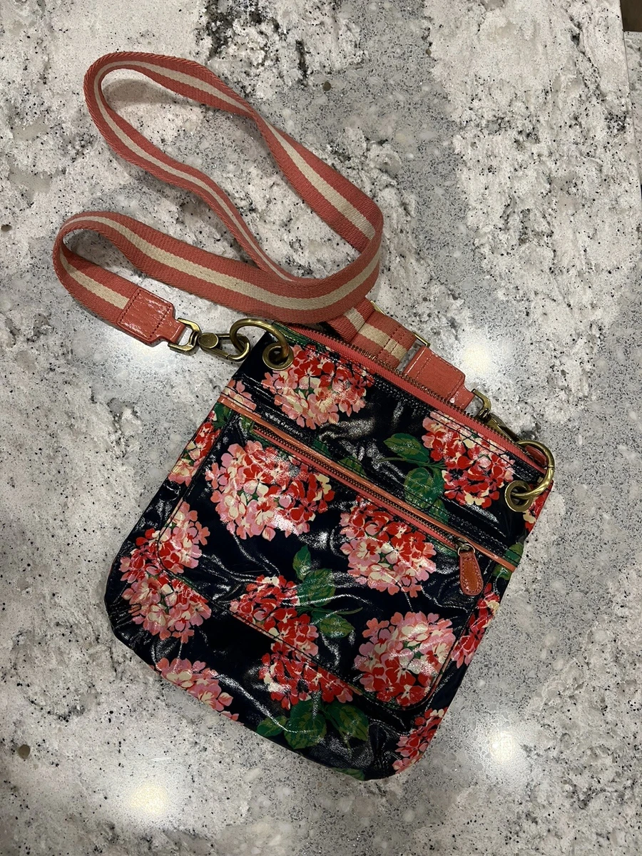 Boden Navy Blue and Coral Pink Floral Coated Crossbody Purse