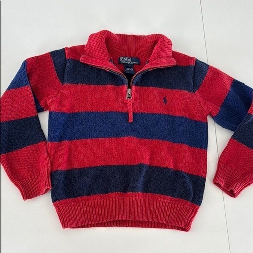 Polo Ralph Lauren Sweater Boys Size 6 Blue Red Stripes 1/4 Zip Pullover Vintage