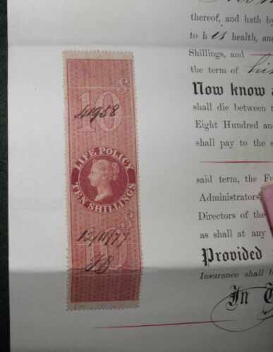 1877 NORWICH UNION LIFE POLICY , 10/- LIFE POLICY REVENUE STAMP A Hughes, Malton - Picture 2 of 2