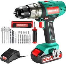 HYCHIKA Powerful Drill Cordless Drill 20V Max Auxiliary Handle 1*2.0AH Battery