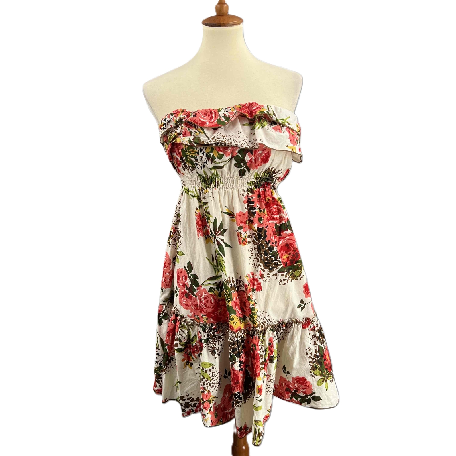 Wet Seal White Red Floral Strapless Babydoll Dress with Ruffles in Cotton Size Medium