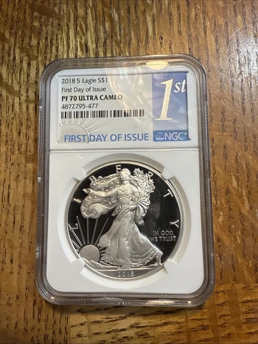 2018 S AMERICAN SILVER EAGLE NGC PF70 ULTRA CAMEO FIRST DAY OF ISSUE WHITE CORE