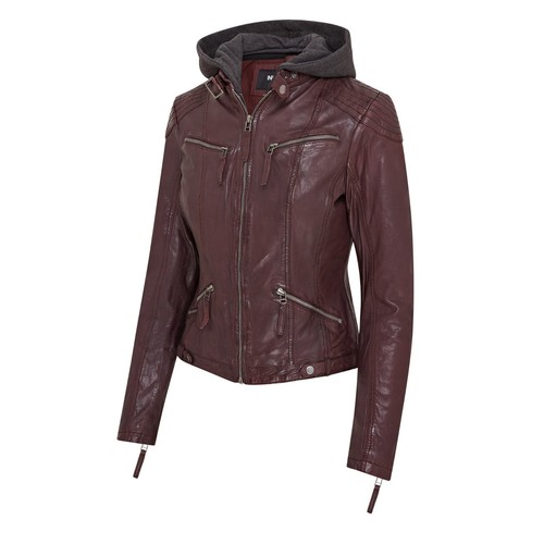 Ladies Biker Leather Jacket Classic Style Real Wine Leather Women Hooded Jacket - Picture 3 of 8