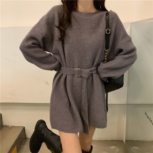 Womens Elegant Loose Fashion Round Neck Long Sleeves Belt Knitted Sweater Jumper - Picture 10 of 20