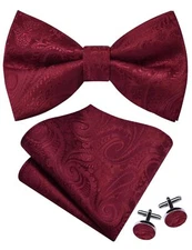 Mens Burgundy Bow Tie Pocket Square Set for Wedding Pre-Tied Wine Red Paisley...