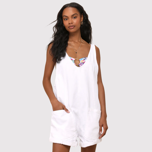 NEW We The Free People Women Romper White High Roller Denim Shortalls Jean Small