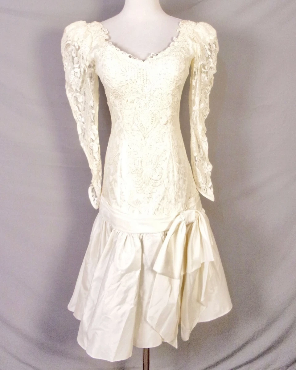 vintage 80s Ivory Big Bow Drop Waist Formal Wedding Dress Lace Beaded SZ 8