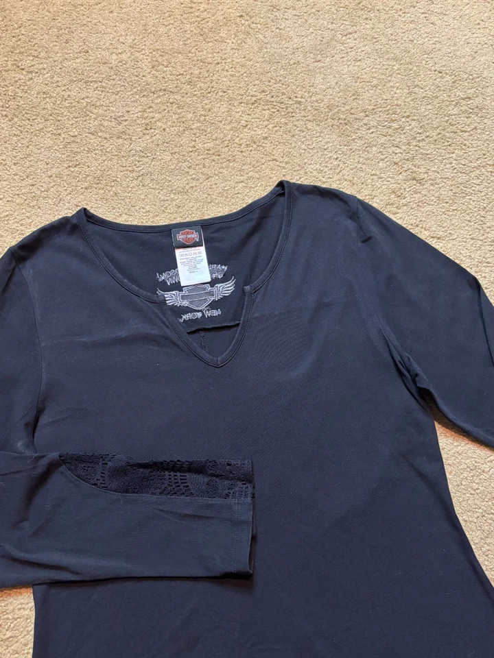 Camiseta negra vintage Y2K años 2000 Harley Davidson motocicleta encaje transparente motociclista L Foto 3 de 4