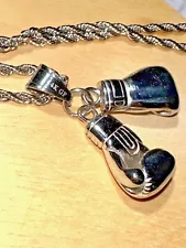 Boxer Boxing Gloves Set Silver Solid Pendant Charm Men Women Rope Chain Necklace