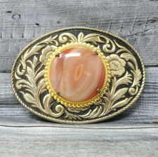 Western Scroll Belt Buckle Cowgirl Pink Orange White Agate Cowboy Vtg 80s .B33