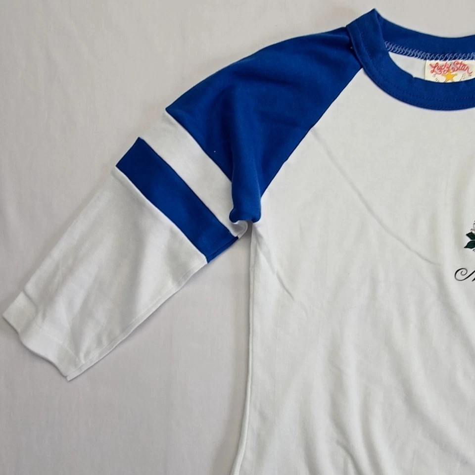 复古 Montana Raglan 衬衫女式小号鸟屋图案蓝色白色 T 恤 — 第 4/4 张图片