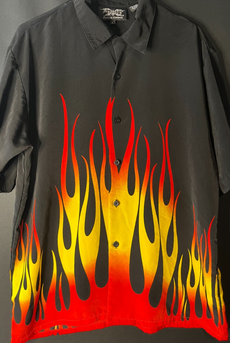 Dragonfly Mens XL shirt Button up Black Flames print short sleeve