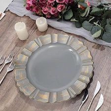 6 CHARCOAL GRAY GOLD 13" Round Scalloped Trim Charger Plates Wedding Party
