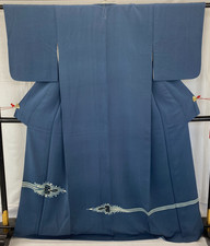 Japanese Vintage Kimono Silk Blue Family Crest Traditional Authentic Length 64in