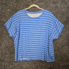 Talbots T Shirt Womens XL Blue White Stripe Cotton Boxy Short Sleeve Nautical