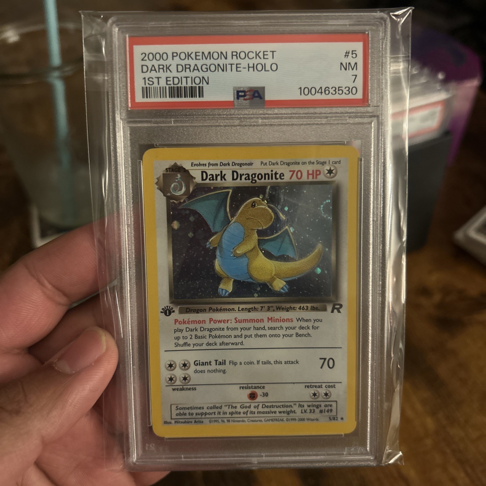 2000 POKEMON ROCKET 1ST ED #5 DARK DRAGONITE-HOLO PSA 7