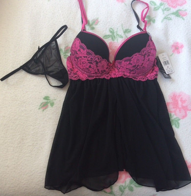 NWT Rampage Intimates Baby Doll Lingerie Sexy Black Pink Sz Medium Set