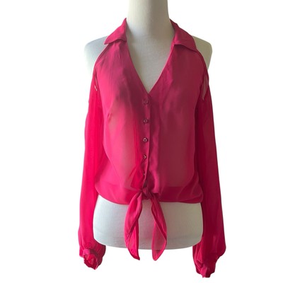 Bebe Women s  Blouse Size XS Hot Pink Tie Sheer Cold Shoulder Sleeves Club