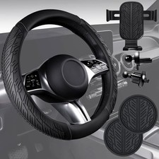 Leather Rubber Steering Wheel Covers Set,Heavy Duty Standard 14.5"-15" Black