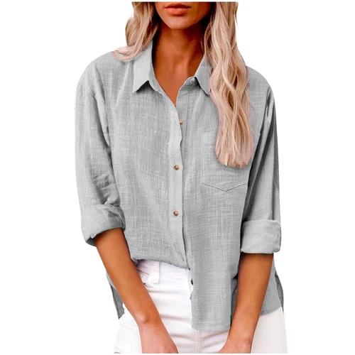 Women Linen Cotton Shirt Button Up Tops Long Sleeve Casual Loose Blouse Casual - Bild 38 von 48