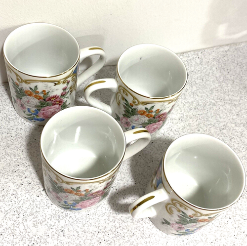 Juego de 4 tazas vintage Andrea by Sadek victorianas florales rosa y blanco de cerámica - Imagen 10 de 10