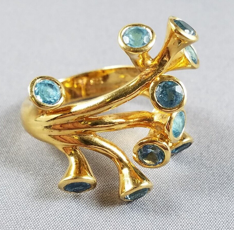 Vtg Modernist Abstract Sterling Silver 925 Gold Plated Ring w/Blue Topaz (S3)