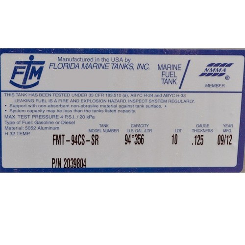 Florida Marine Boat Fuel Gas Tank FMT94CSSR 94 GAL Aluminum eBay
