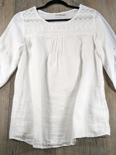 Lina Tomei Italy Top Damen Large Weiß 100% Leinen 3/4 Arm Häkel Boho Strand - Bild 2 von 10