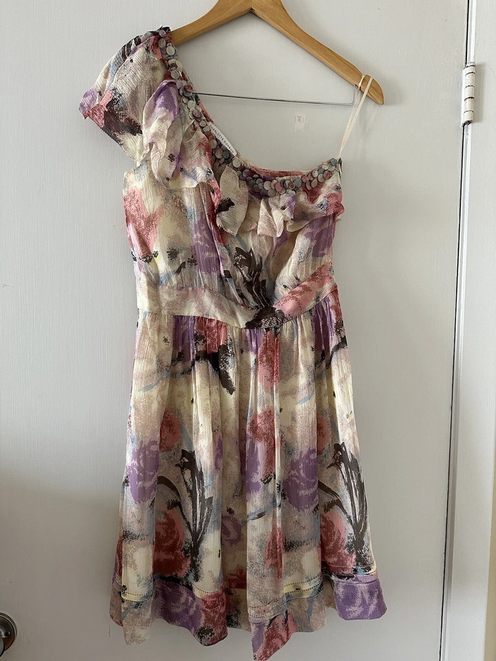 NEW Charlotte Ronson Womens Dress 4 Purple Ruffle 100% Silk One Shoulder - Image 2 of 4