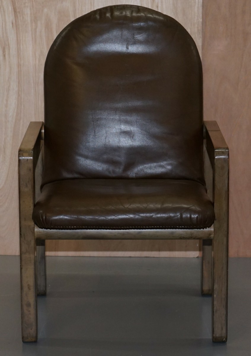 PAIR OF ORIGINAL MID CENTURY VINTAGE AGED BROWN LEATHER JOHN MAKEPEACE  ARMCHAIRS