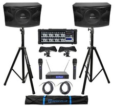  2 Rockville KPS12 12" 1600w Karaoke Speakers Mixer Tripod Stands Wireless Mics