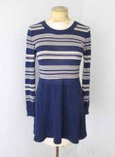 Marc Jacobs navy blue stripe thin knit dress scoop neck full skirt Sz M