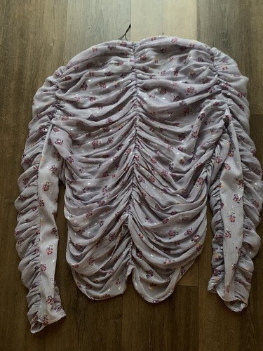 Zara Lilac Floral Ruched Sheer Lined Blouse Size XXL - Picture 4 of 5