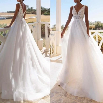 Brautkleid Hochzeitskleid V-Ausschnitt Spitze Aufkleber Weiß Ivory 38 40 42 - Bild 1 von 4