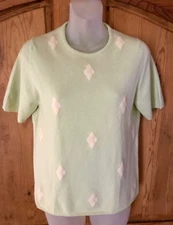 HAWICK Scotland 100% Cashmere Short Sleeve Sweater Top Argyle Design Size M