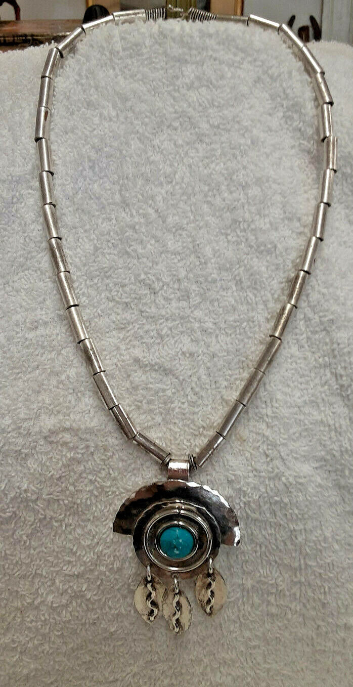 Handmade Solid Silver Beaded Necklace w/Pendant &… - image 1