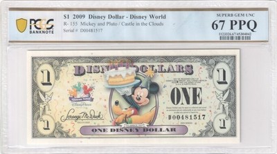 2009 $1 Disney Dollar Mickey & Pluto Castle Clouds PCGS SUPERB GEM UNC 67 PPQ