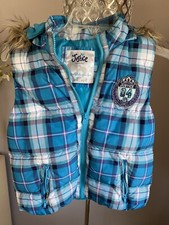 Justice Girl Blue White Plaid Sz 12 Puffer Vest with Faux Fur Snap Off Hood